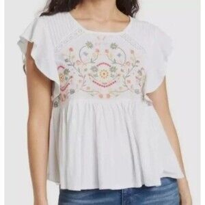 Lucky Brand Floral Emmbroidered Baby Doll Top Womens Medium Ruffle Sleeves Boho